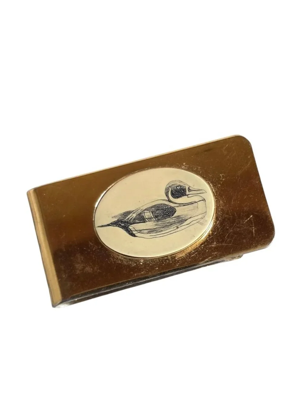 Vintage Barlow Scrimshaw Money Clip w/Ducks Gold Tone 1